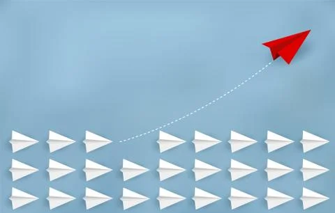 Red paper plane changing direction from white. New ideas. Different business  Illustrazione stock