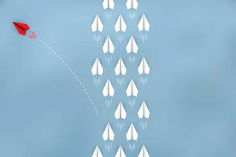 Red paper plane changing direction from white. New ideas. Different business  Stock Illustration