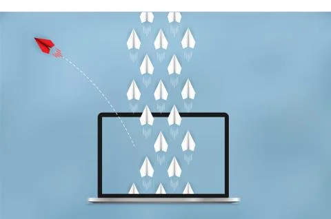 Red paper plane changing direction from white. launch outside notebook screen Stock Illustration