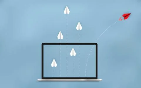 Red paper plane changing direction from white. launch outside notebook screen Stock Illustration