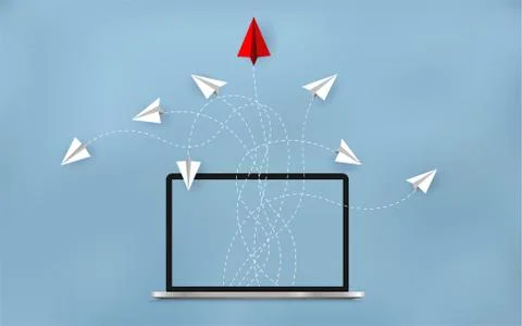 Red paper plane changing direction from white. launch outside notebook screen Stock Illustration