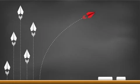 Red paper plane changing direction from white. on blackboard background. crea Illustrazione stock
