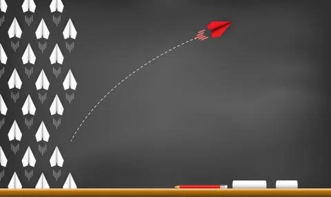 Red paper plane changing direction from white. drawing on blackboard backgrou Stock Illustration