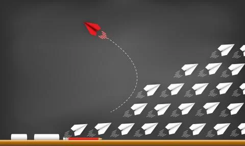 Red paper plane changing direction from white. drawing on blackboard backgrou Stock Illustration