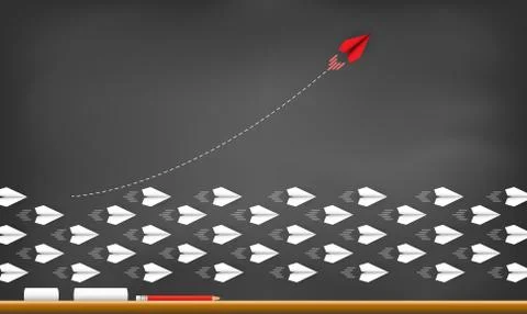 Red paper plane changing direction from white. drawing on blackboard backgrou Stock Illustration