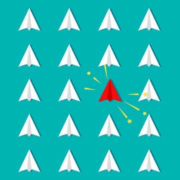 The red paper plane differs from the group. difference concept. vector illust 스톡 일러스트
