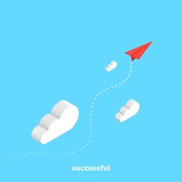 Red paper plane flies through the clouds, isometric image Stock Illustration