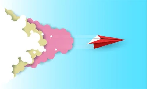 Red paper plane fly on the sky while flying above a cloud. creative idea. lea Stock Illustration
