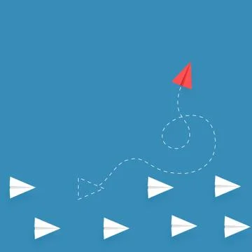 Red paper plane flying different way from white paper planes on blue backgrou Stock Illustration
