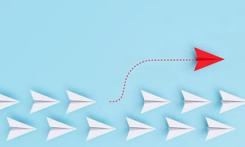 Red paper plane out of line with white paper to change disrupt and finding .. Stock-Illustration