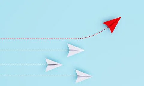 Red paper plane out of line with white paper to change disrupt and finding .. Stock-Illustration
