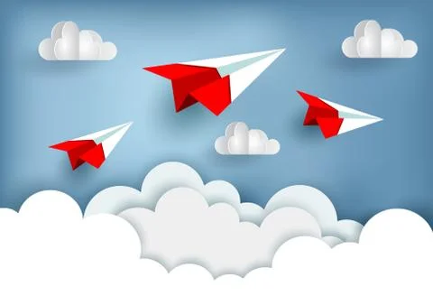 Red paper plane up to the sky while flying above a cloud. business finance su Illustrazione stock