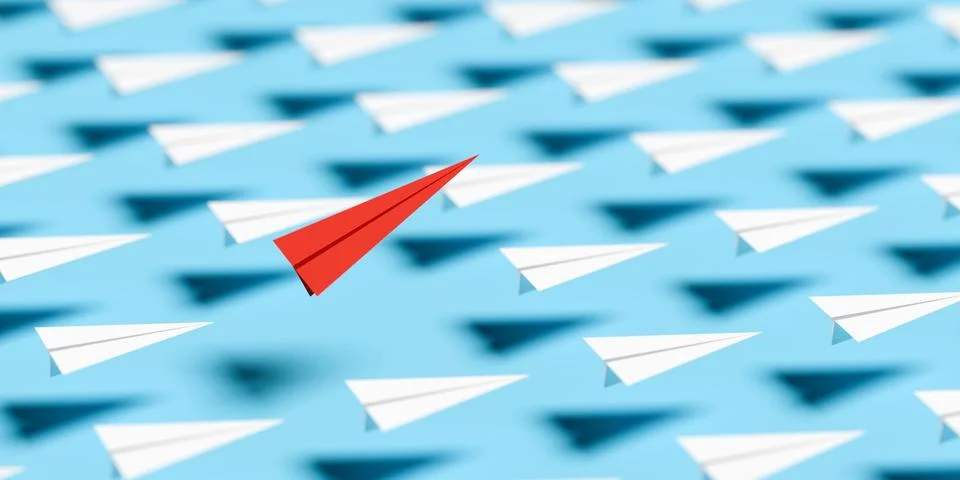 Red paper plane with starting of from group of white paper planes over blue.. Stock Illustration
