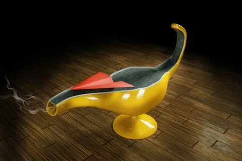 A red paper plane taking off from the magic lamp on wooden floor Illustrazione stock