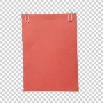 Red paper sheet attached with two silver metal paper clips isolated on tran.. Фото