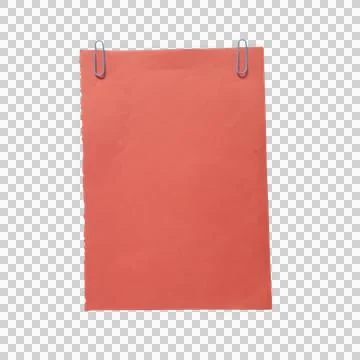 Red paper sheet held by two metal paper clips isolated on a transparent bac.. Фото
