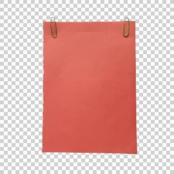 Red paper sheet held by two green metal paperclips isolated on a transparen.. Фото