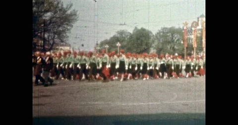 Red parade platform of car moving along city street. 1980s Petersburg, Russia Stock Footage 231023470