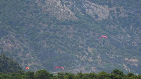 Red paragliders fly above forested mountain slopes - Open Air and Gliding Sport Stock Footage 339793680
