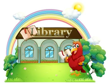 A red parrot reading in front of the library Stock Illustration