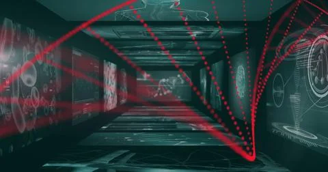 Red particles and scientific data processing image over futuristic corridor Foto stock
