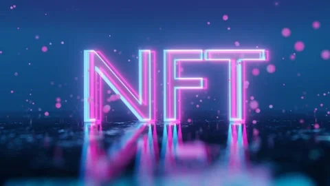 Red particles fly on a blue background around the neon glowing word NFT. The cam Видео 260831988