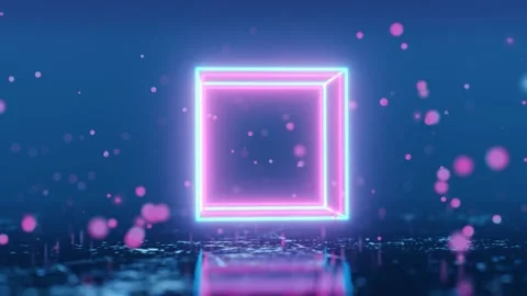 Red particles fly on a blue background around a frame of cubes glowing with neon Stock Footage 260832009