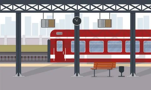 Red passenger train at train station train station in city Stock Illustration