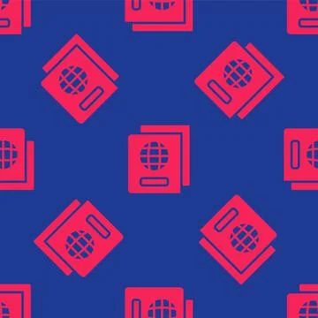 Red Passport with biometric data icon isolated seamless pattern on blue backg Stock Illustration