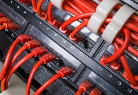 Red patch cord cables connected to black switch Stock Photos