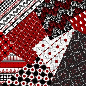 Red patchwork design with geometric motifs Stock Photos