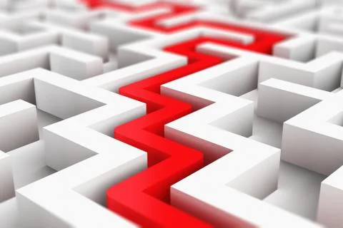 Red path across white endless labyrinth Stock Illustration