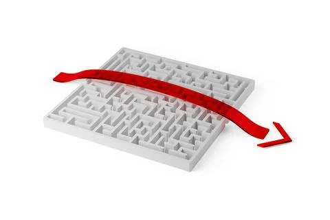 Red path around white maze or labyrinth over white background, simple solutio Stock Illustration