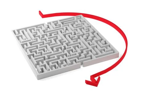 Red path around white maze or labyrinth over white background, simple solutio Stock Illustration