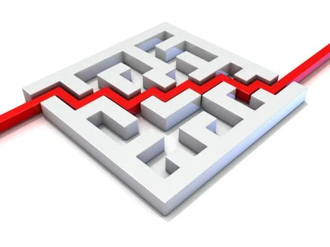 Red path going through labyrinth. 3D Stock Illustration