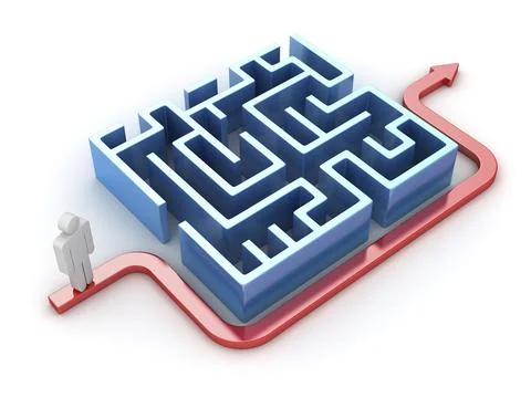 Red path with man and maze, This is a 3d rendered computer generated image. Stock Illustration