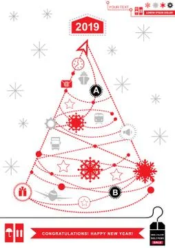 Red pathway in the shape of christmas tree on white background. Red grey chri Stock Illustration