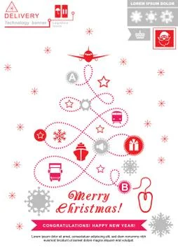 Red pathway in the shape of christmas tree on white background. Red grey chri 스톡 일러스트