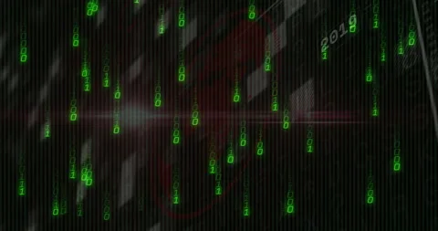 Red pattern appearing triggers binary streams falling and flickering year labels 動画素材 310637264