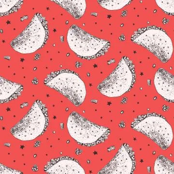 Red pattern with cute sketchy mexican taco Stock Illustration