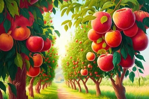 A red peach orchard with luscious fruit. Bright fruits on trees that are ready Stock Illustration