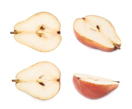 Red pear cut in half isolated Foto stock