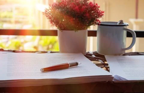 Red pen on blurred paperwork on table Stock Photos