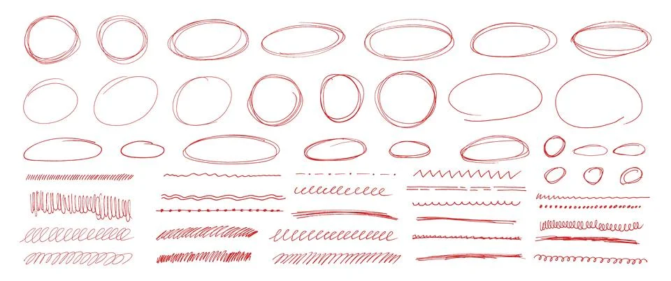 Red pen sketch bundle featuring round circle underline strokes mixed with doodle Stock Illustration