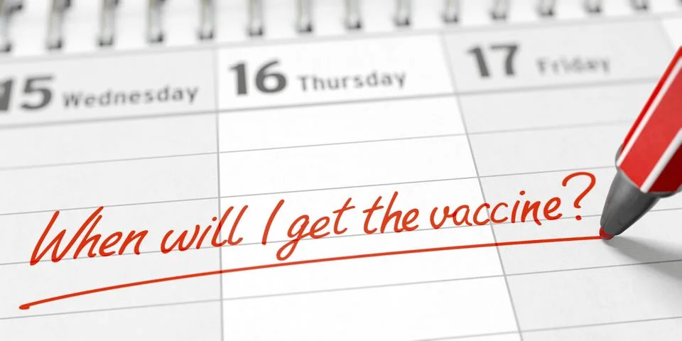 A red pen writes: When will I get the vaccine? 스톡 일러스트