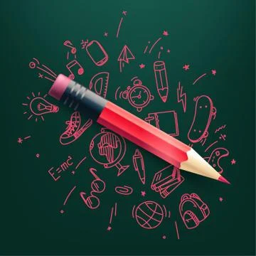 Red pencil with doodling elements vector illustration. Science and education 스톡 일러스트