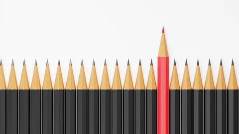 Red pencil standing out from crowd of black fellows on white table Stock Illustration