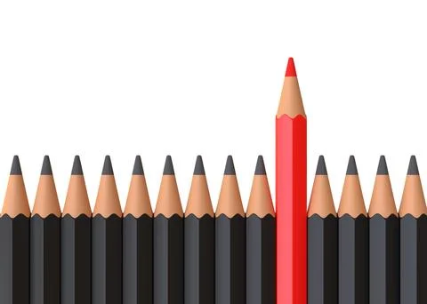 Red pencil standing out from crowd of plenty identical black fellows Illustrazione stock