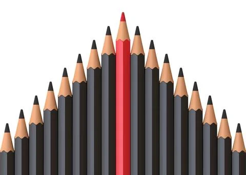 Red pencil standing out from crowd of plenty identical black fellows Illustrazione stock