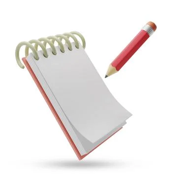 Red pencil writing on a blank notepad isolated on white background. 3d illu.. Stock Illustration